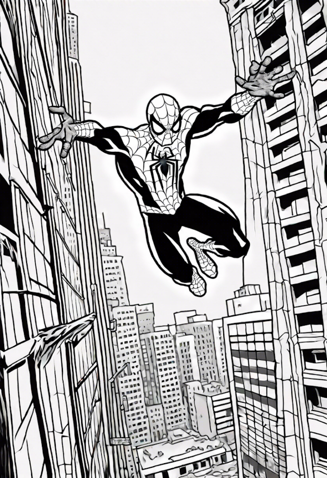 A coloring page of Spider-Man Soars Through the City Skylines