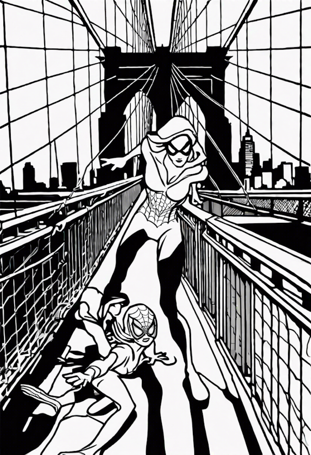 A coloring page of Spider-Man and Spider-Woman on the Bridge Adventure