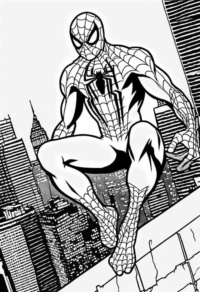 A coloring page of Spiderman in the City Coloring Page