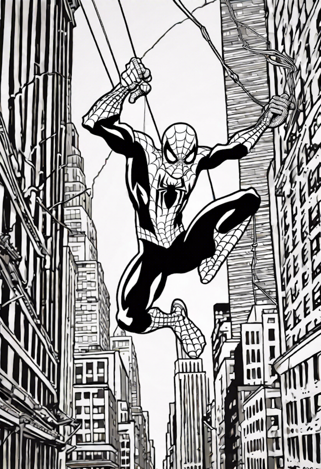 A coloring page of Spider-Man Swinging Through the City Coloring Page