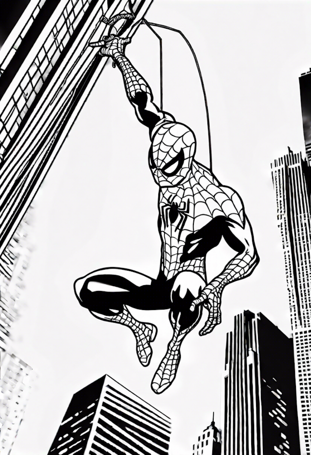 A coloring page of Spider-Man Swinging Through the City