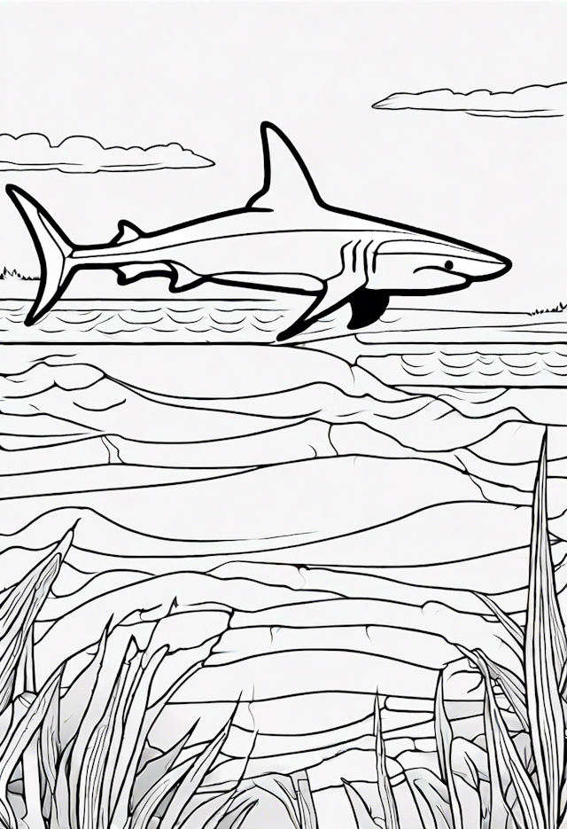 Shark in the Ocean Scene Coloring Page