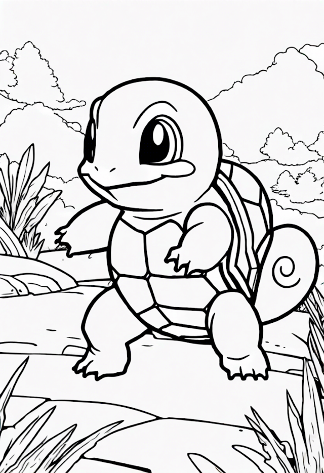 A coloring page of Squirtle’s Adventure in the Wild