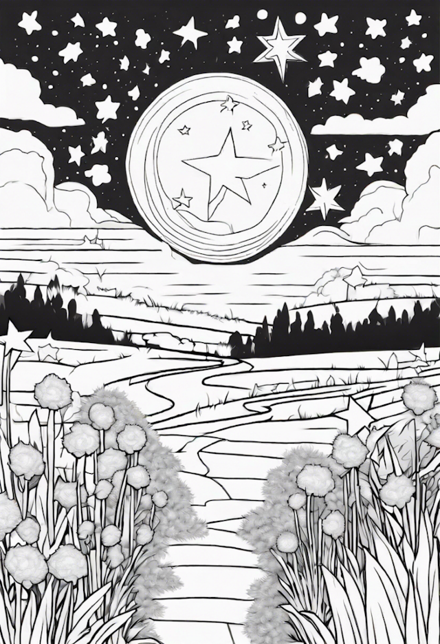 A coloring page of Starry Night Landscape Coloring Page