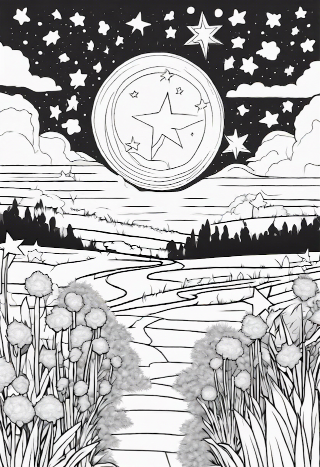 Starry Night Landscape Coloring Page