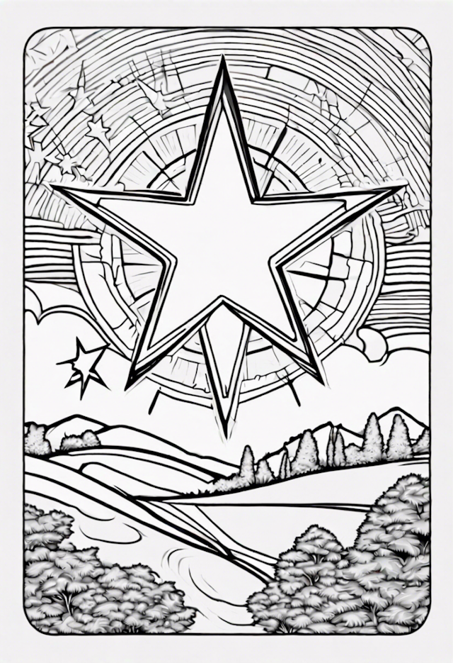 A coloring page of Guiding Star Over Rolling Hills