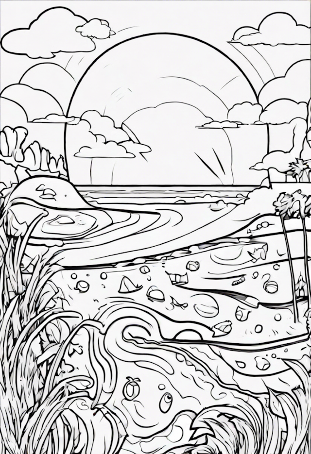 A coloring page of Beachside Bliss: Color the Sunrise Journey