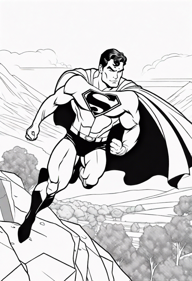 A coloring page of Superman Soars Over the Landscape Coloring Page
