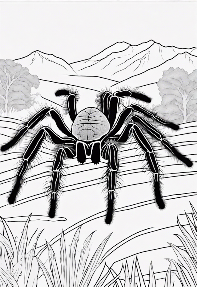 A coloring page of Giant Tarantula in the Mountains Coloring Page