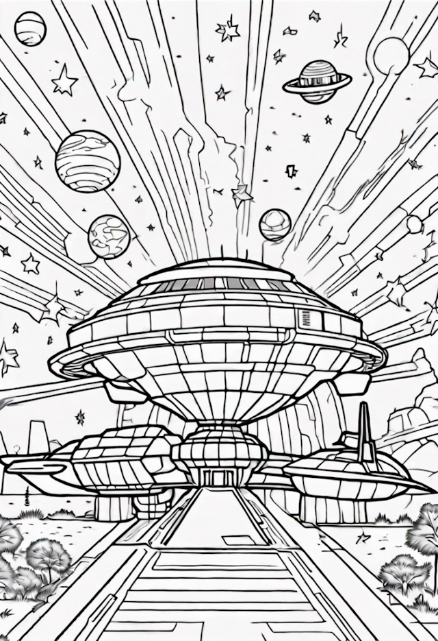 A coloring page of Spaceship Adventure in Outer Space