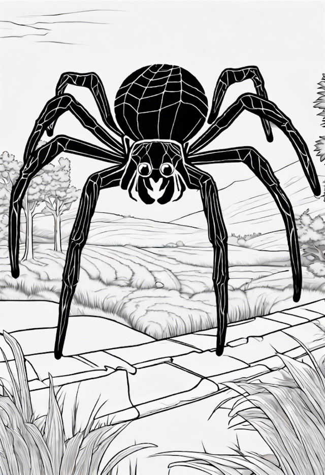 A coloring page of Giant Spider in the Countryside Coloring Page
