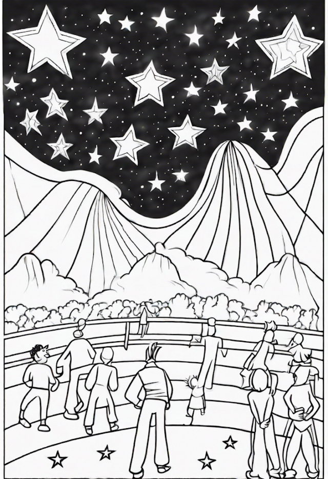 A coloring page of Stargazing with Friends in the Mountains