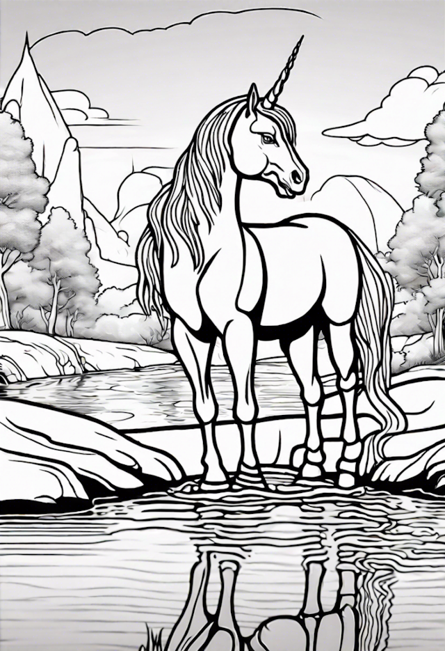 A coloring page of Unicorn by the Tranquil River