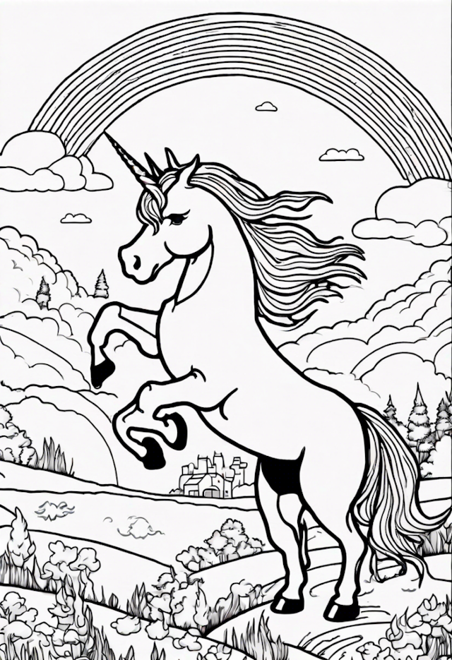 A coloring page of Majestic Unicorn Under the Rainbow