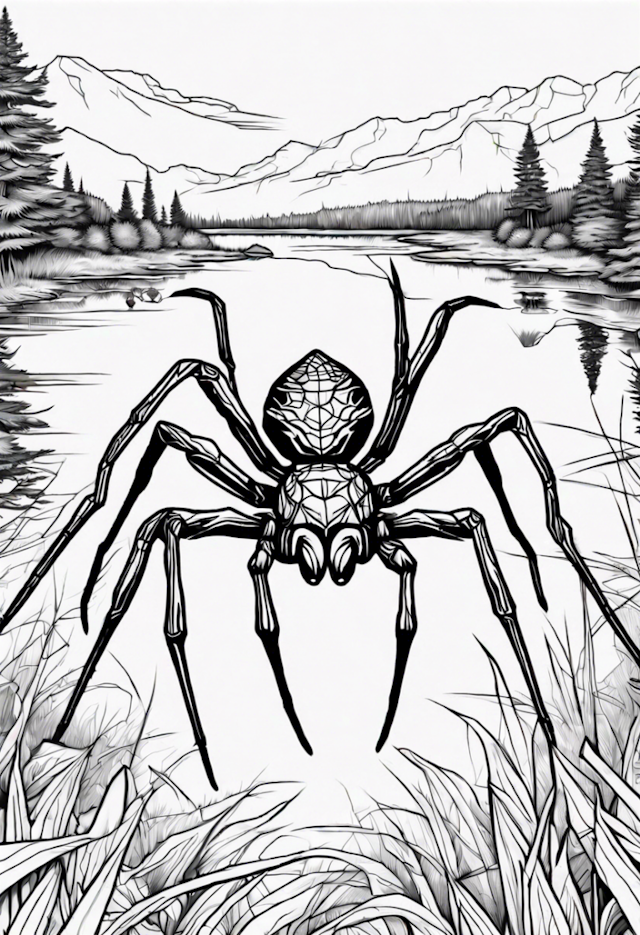 A coloring page of Spider by the Tranquil Lake