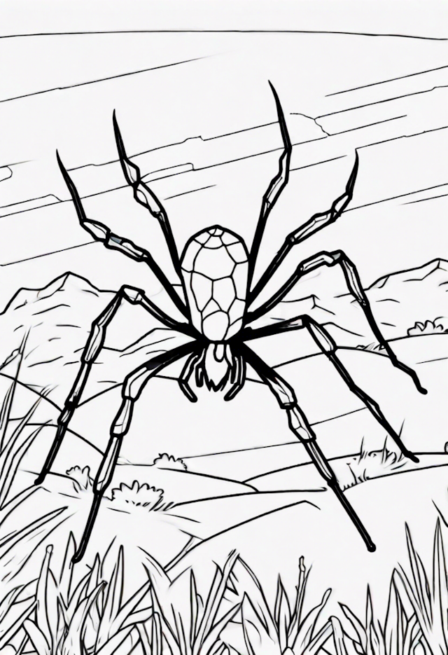 A coloring page of Giant Spider in the Wilderness Coloring Page