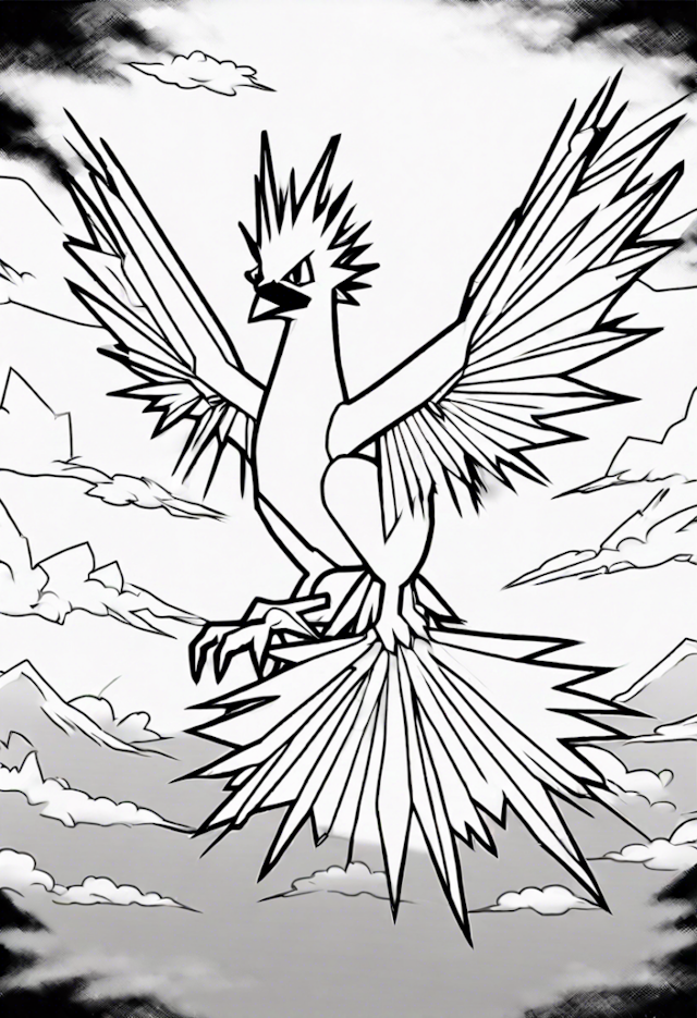A coloring page of Articuno Soaring Above the Mountains Coloring Page