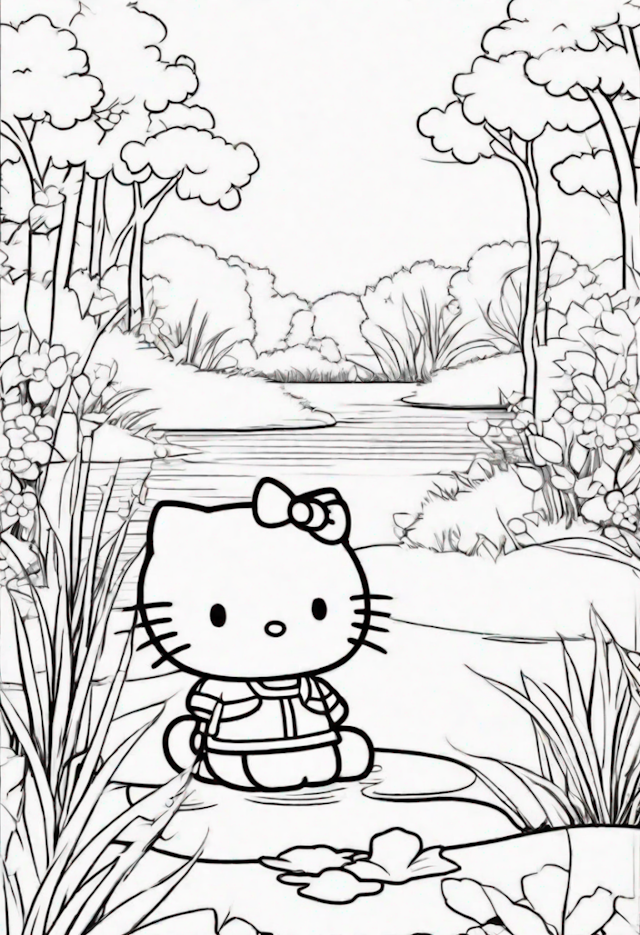 A coloring page of Hello Kitty’s Peaceful River Adventure