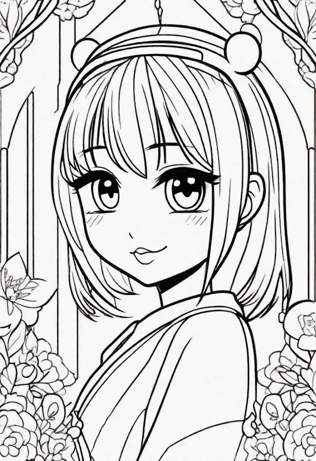 A coloring page of Anime Girl in a Flower Garden Coloring Page