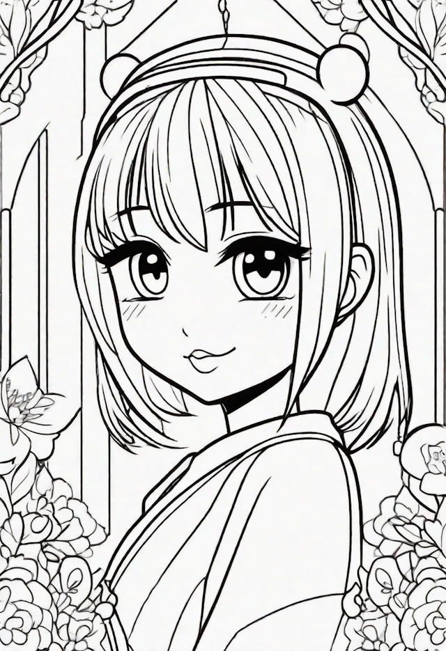 Anime Girl in a Flower Garden Coloring Page
