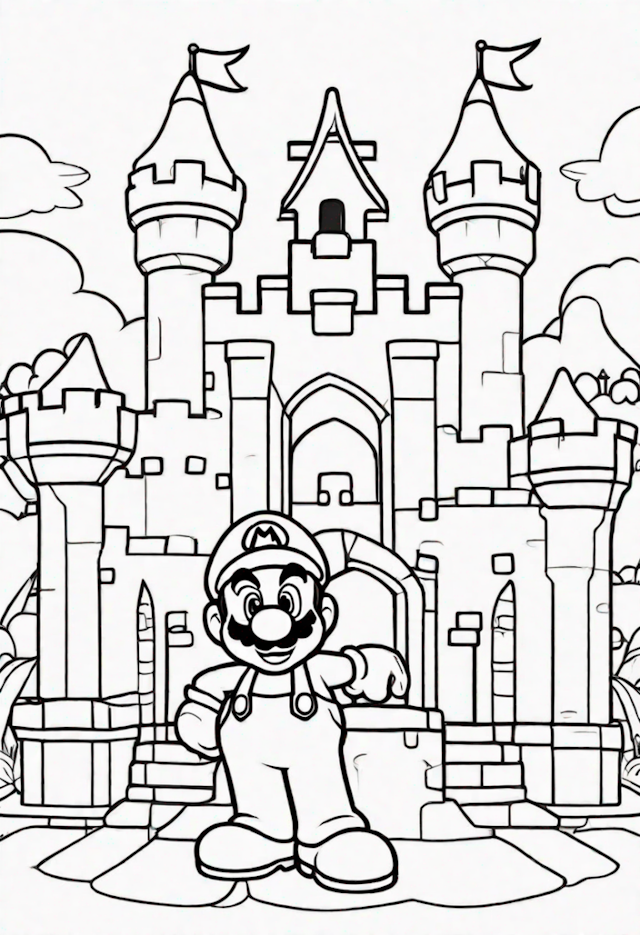 A coloring page of Mario at the Castle Coloring Page