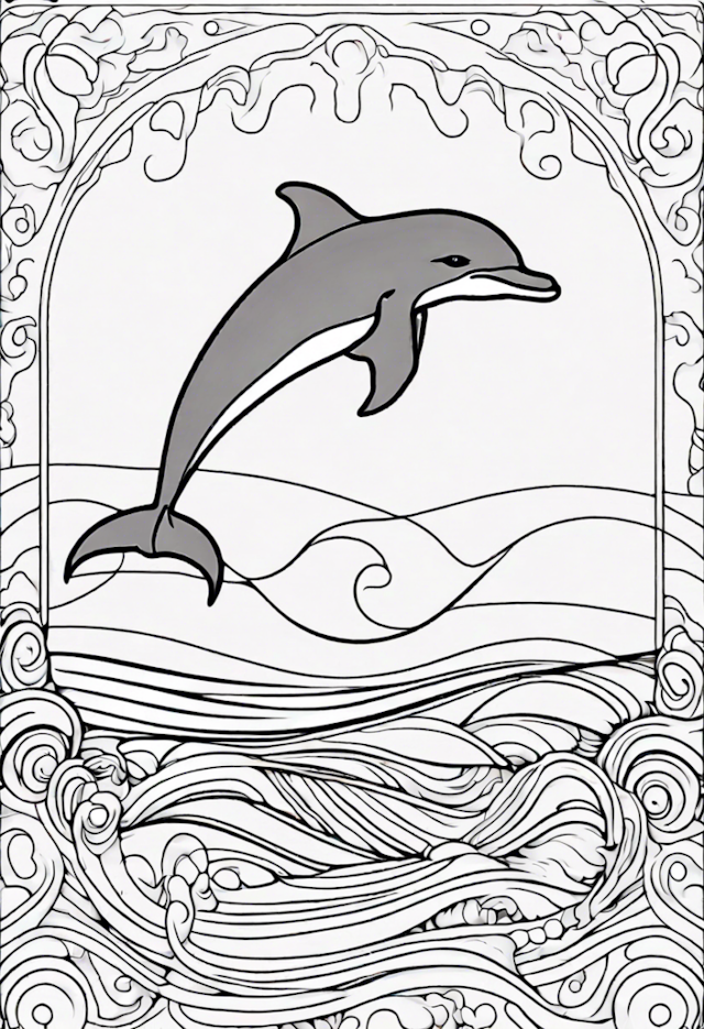 A coloring page of Jumping Dolphin Over Waves Coloring Page