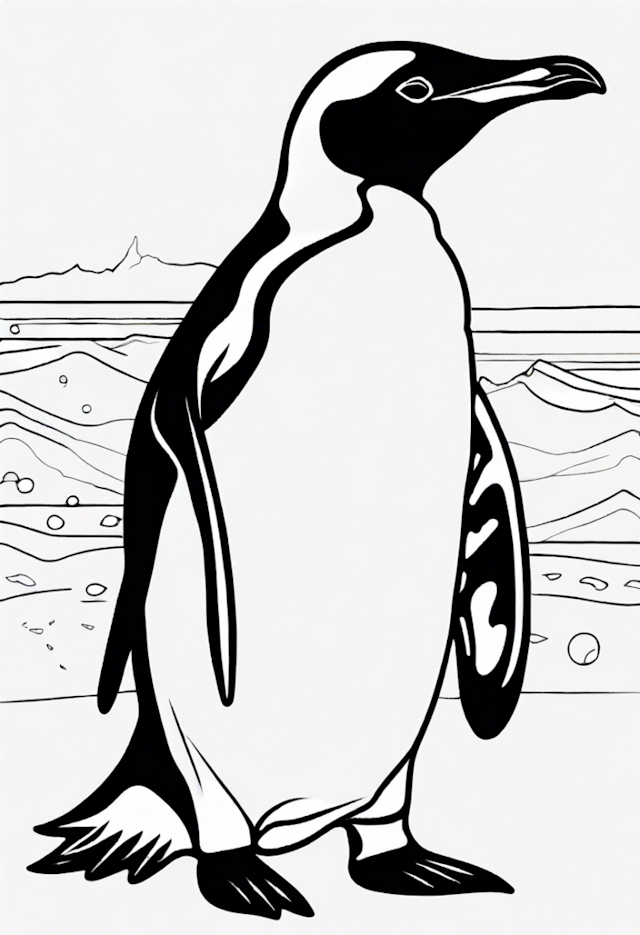 A coloring page of Penguin by the Shore Coloring Page