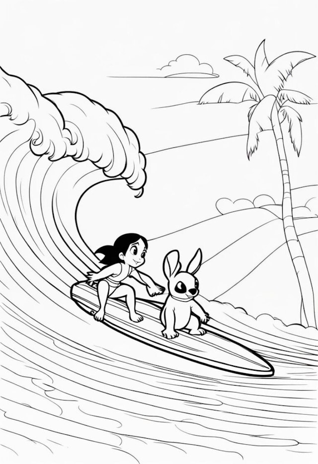 A coloring page of Lilo and Stitch Surfing Adventure