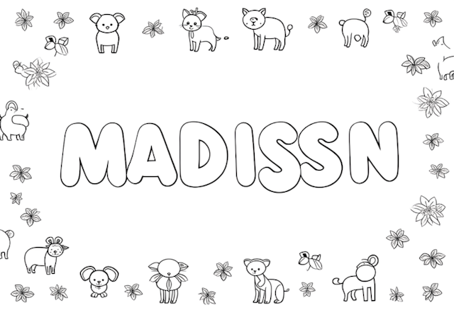 A coloring page of Madison and Her Adorable Animal Friends Coloring Page