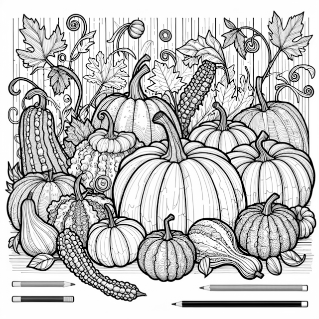 A coloring page of Autumn Harvest Pumpkins and Gourds Coloring Page