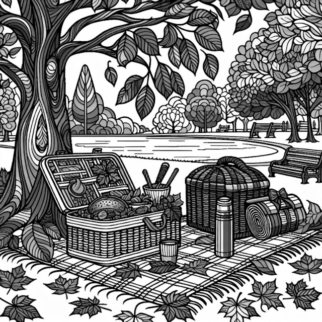 A coloring page of Autumn Picnic in the Park Coloring Page