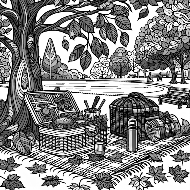 Autumn Picnic in the Park Coloring Page
