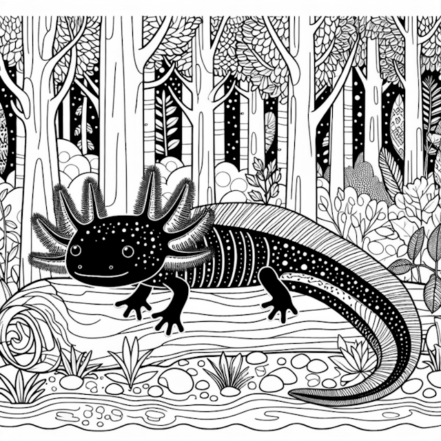 A coloring page of Axolotl in the Enchanted Forest