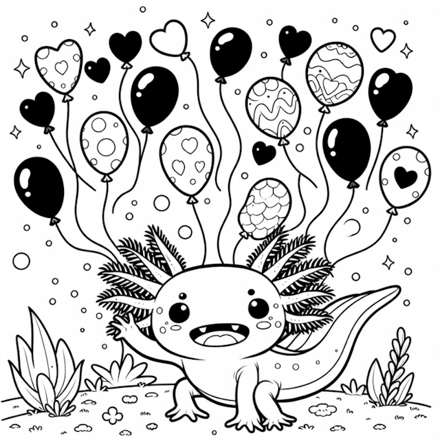 A coloring page of Axolotl’s Balloon Adventure in the Garden