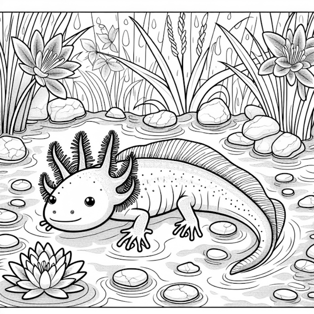 A coloring page of Axolotl’s Serene Pond Adventure