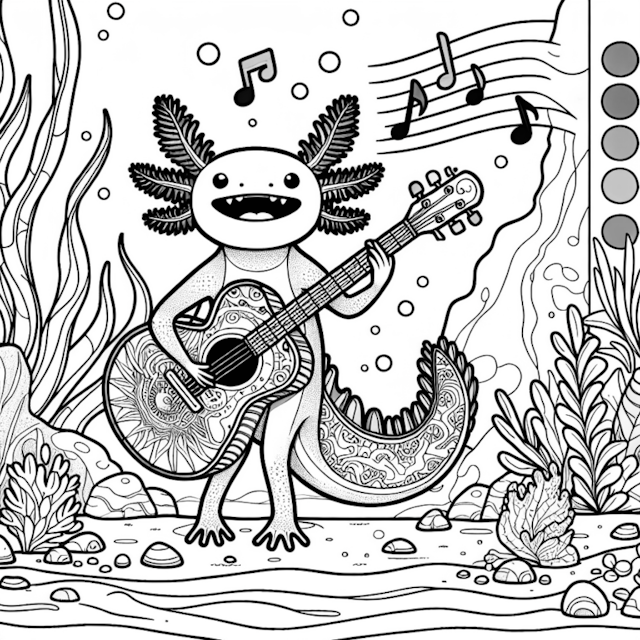 A coloring page of Axolotl’s Underwater Music Jam