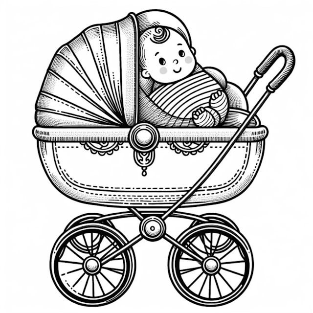 A coloring page of Baby in a Vintage Stroller