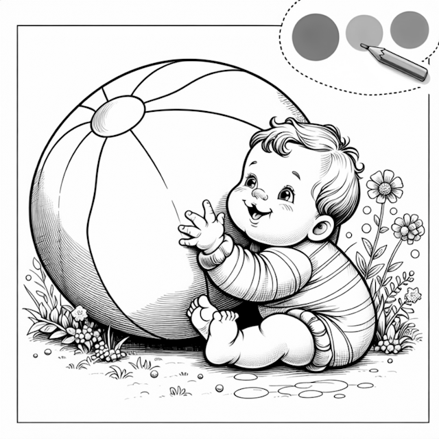 A coloring page of Baby Playing with a Beach Ball