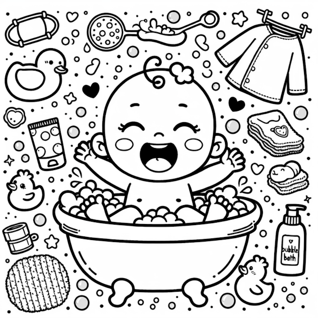A coloring page of Baby’s Bubble Bath Fun Coloring Page