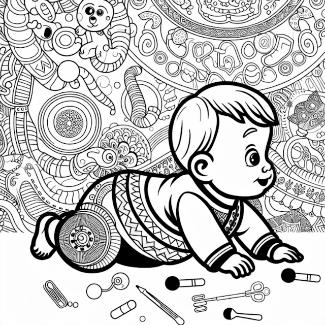 A coloring page of Baby’s Colorful Exploration Adventure