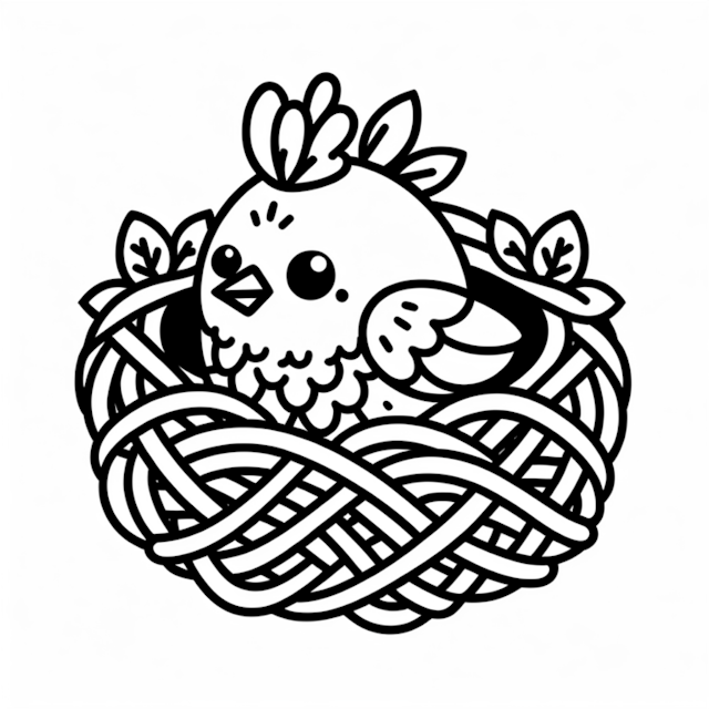 A coloring page of Birdie in the Cozy Nest