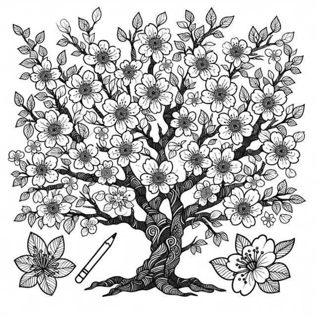 A coloring page of Blossoming Tree Coloring Page