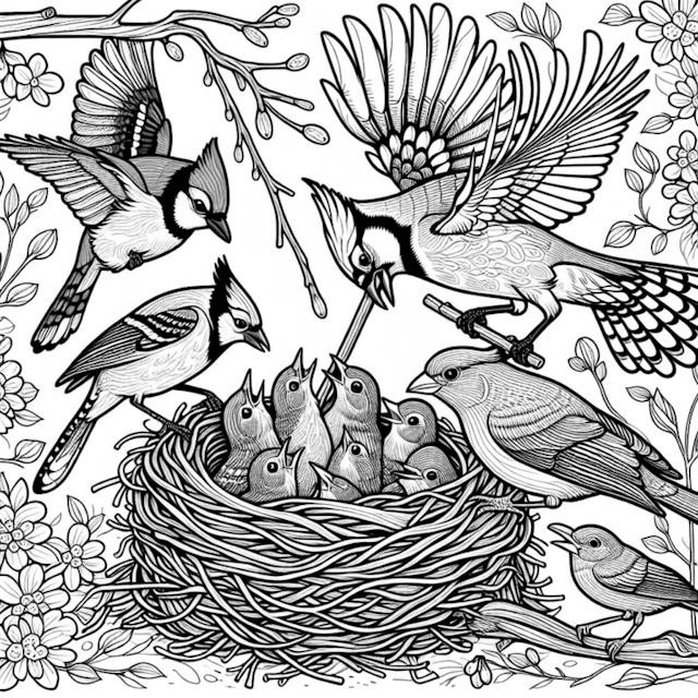 A coloring page of Blue Jays Feeding Their Chicks in Spring