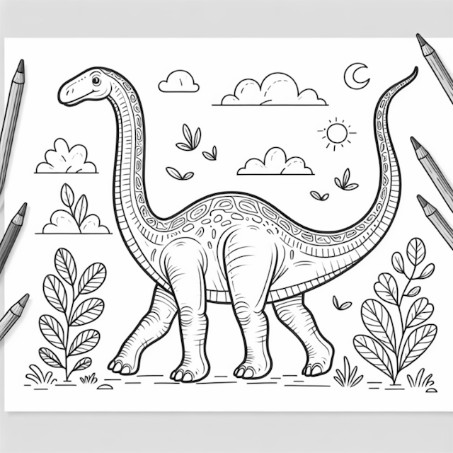 A coloring page of Brachiosaurus Strolling Through a Prehistoric Garden