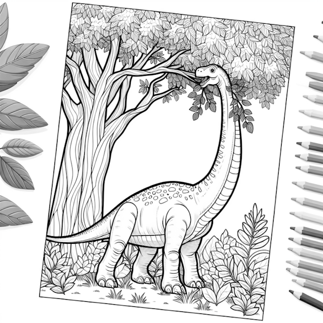 A coloring page of Brontosaurus Feeding in the Forest