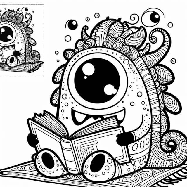 A coloring page of Bubbly the Monster’s Book Reading Adventure