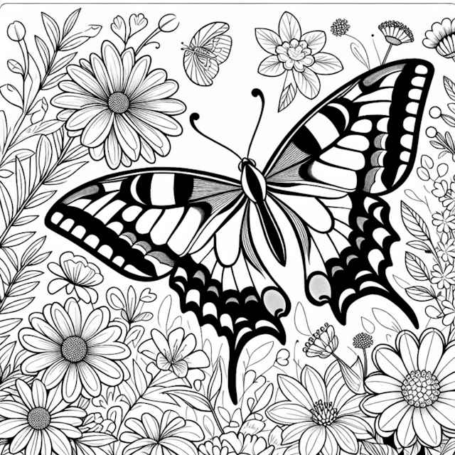 A coloring page of Butterfly and Blossoms Coloring Page