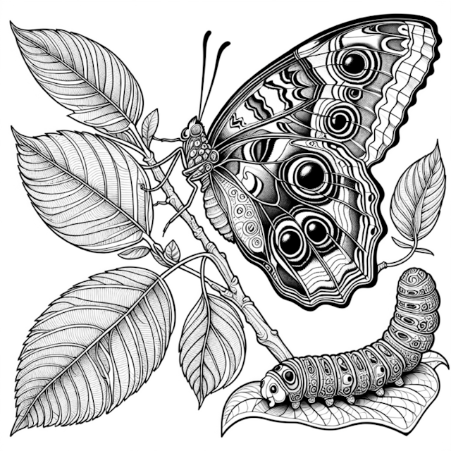 A coloring page of Butterfly and Caterpillar on a Leaf