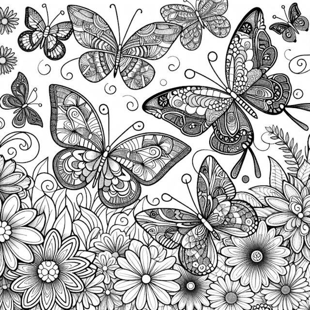 A coloring page of Butterfly Garden in Bloom Coloring Page