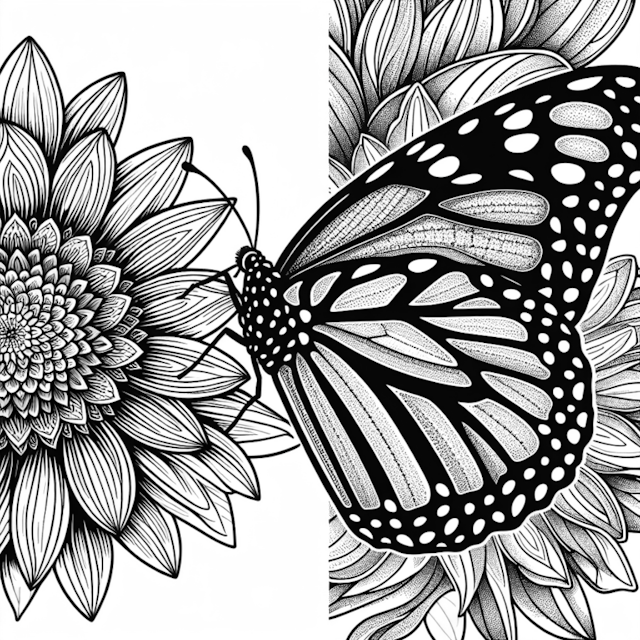 A coloring page of Butterfly on a Sunflower